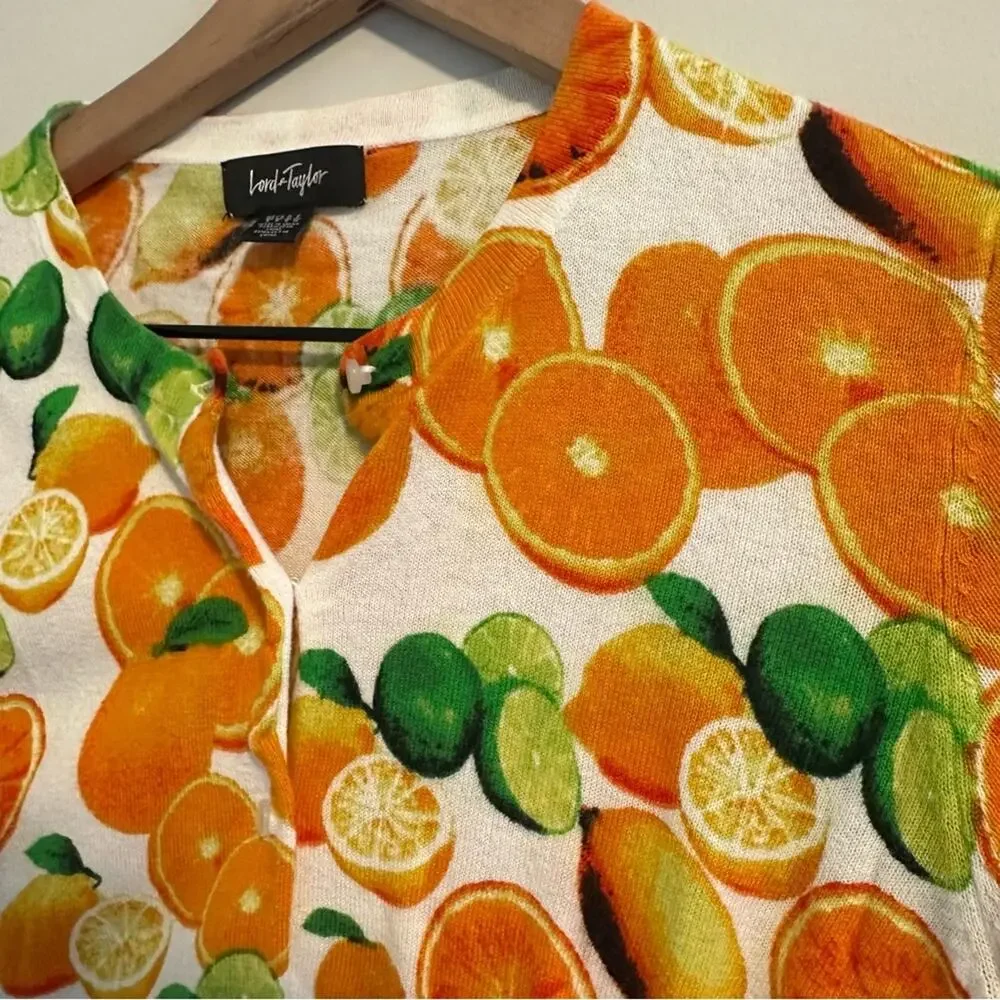 Vintage Lord & Taylor Citrus Orange Lime Cotton Cardigan XS